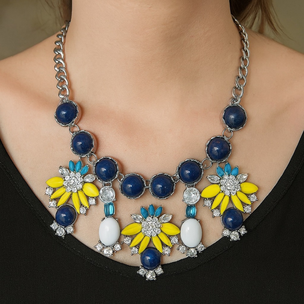 Charming Charlie Statement Necklace floral yellow blue black 18” plus